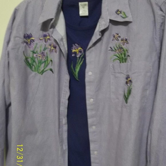 Country Store Two Piece Button Up/Matching Tee Purple w/Iris Motif Size 1X - Picture 1 of 8